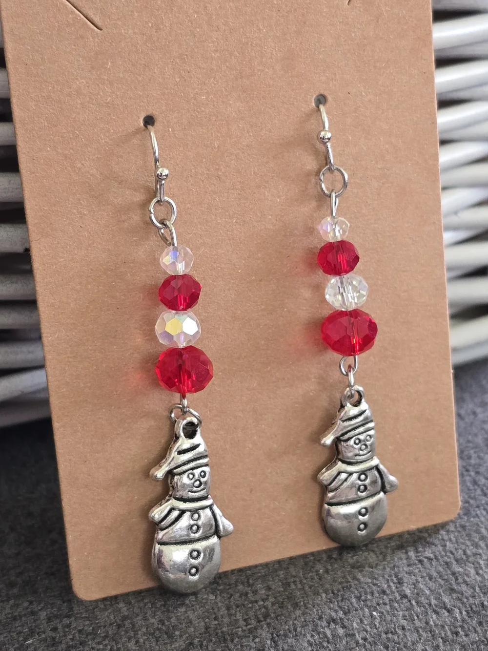 Handmade Red Bead Snowman Dangle Earrings - Women Jewelry
